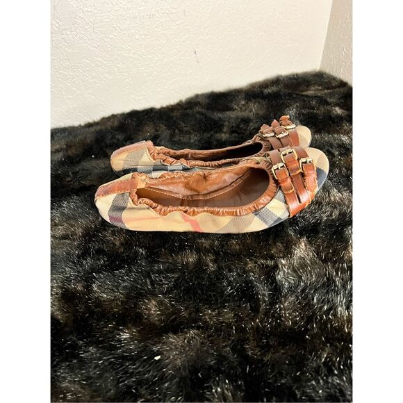 Burberry Brown Leather Canvas Nova Check Three Buckle Ballet Flats Shoes 9.5 - Picture 1 of 12